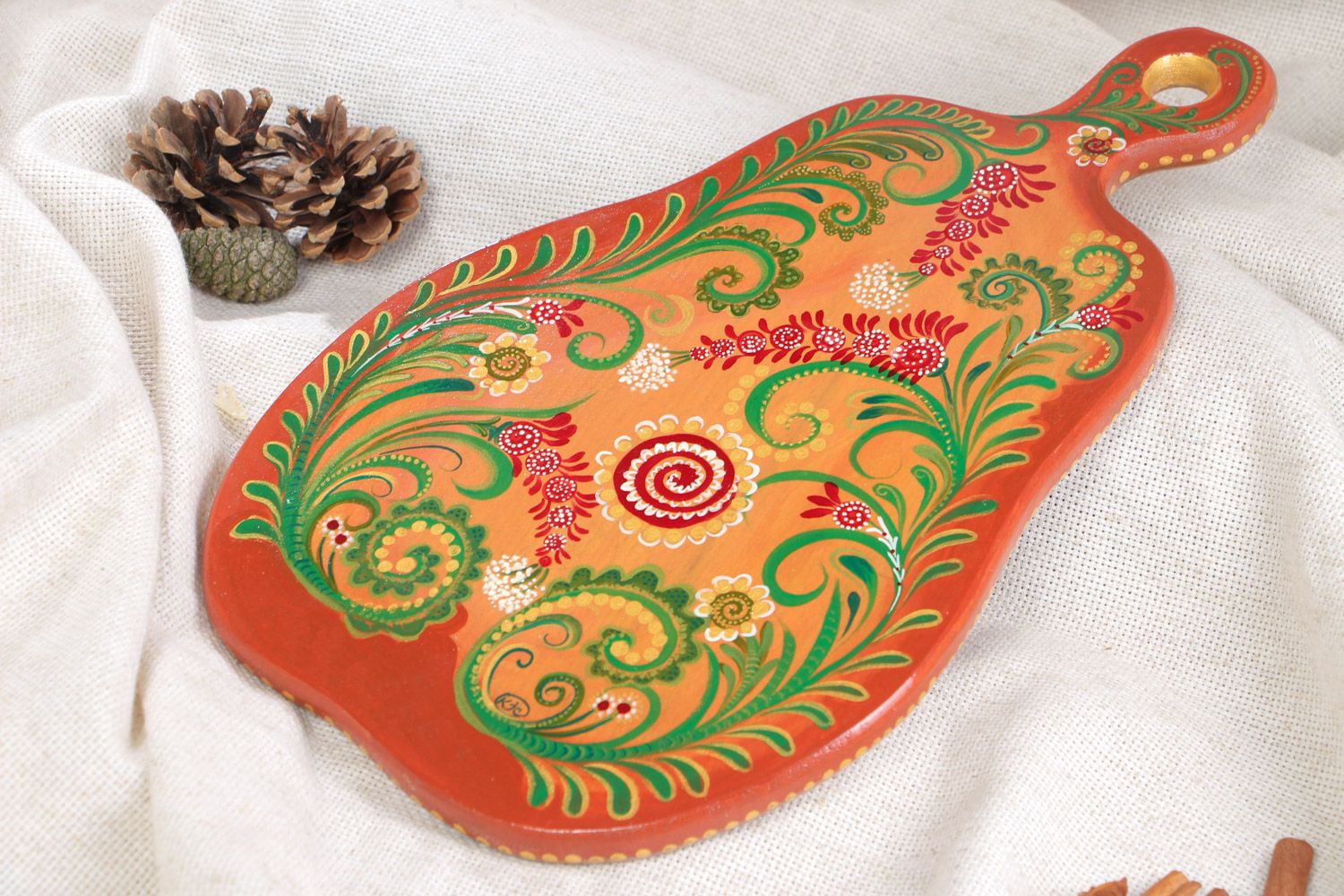 Beautiful bright handmade painted wooden chopping board in the shape of pear photo 1