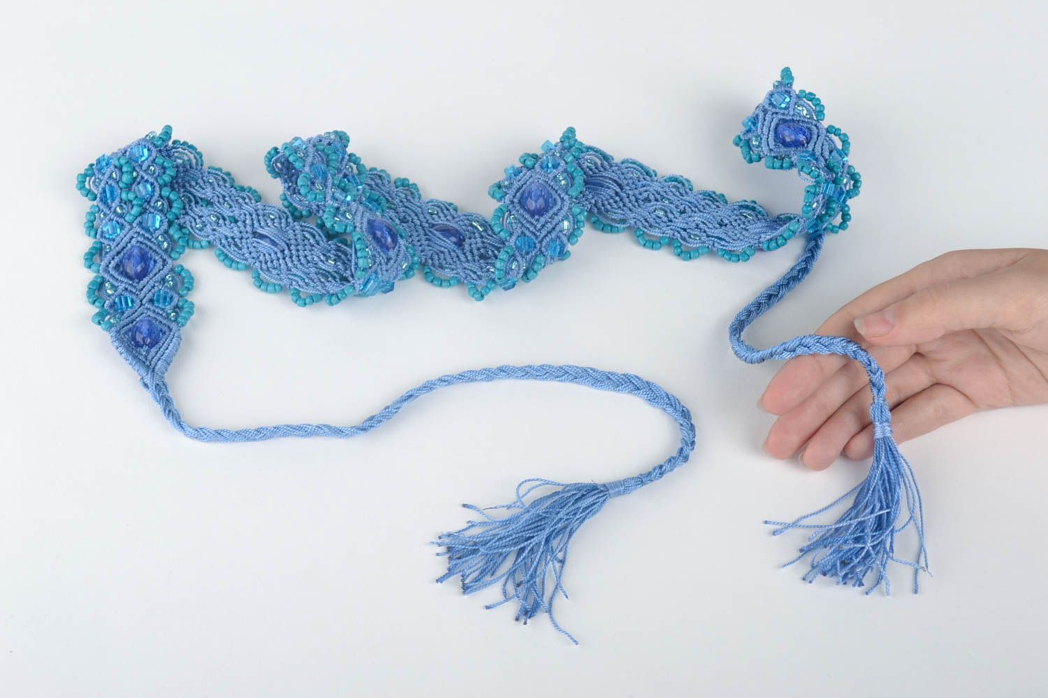 Ceinture textile Accessoire fait main de couleur bleue macramé Cadeau femme photo 5