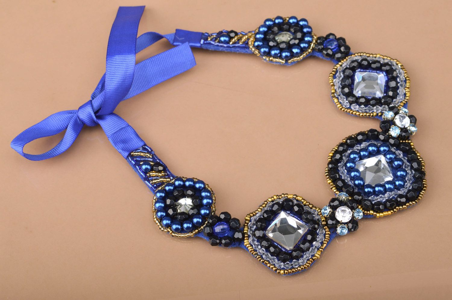 Elegant handmade bead embroidered collar necklace in blue colors 1001 nights photo 2