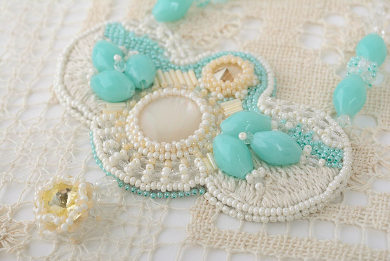Handmade tender cream and blue bead embroidered necklace with natural stones photo 5