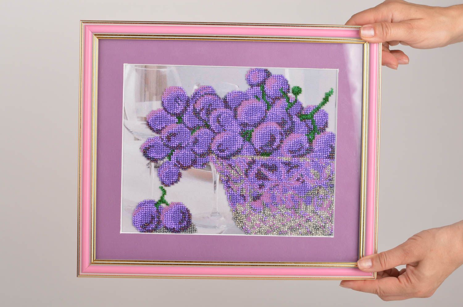 Handmade designer picture embroidered with beads in frame under glass Grapes photo 3