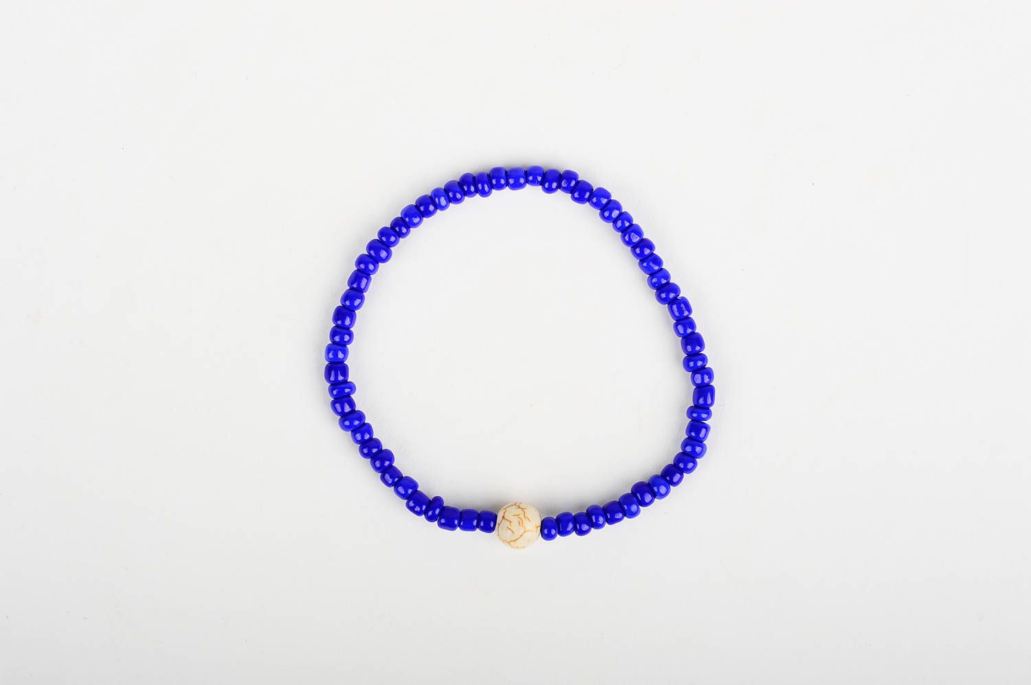 Dark blue beads handmade wrist adjustable bracelet with beige centerpiece large bead photo 1