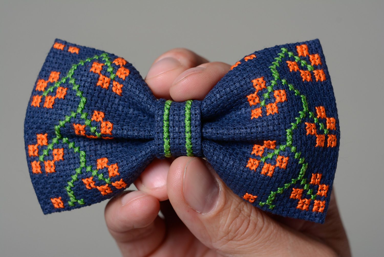 Handmade ethnic blue bow tie with cross stitch embroidery for stylish men  photo 4