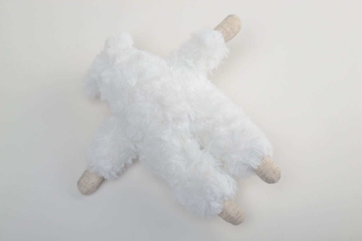 Handmade white faux fur soft toy lamb with applique work floral heart and straw photo 4