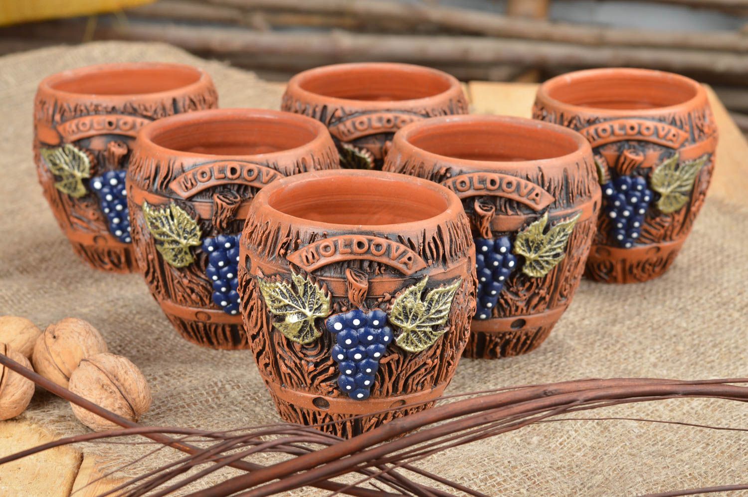 Set of 6 handmade designer painted clay glasses 200 ml each with grapes photo 1
