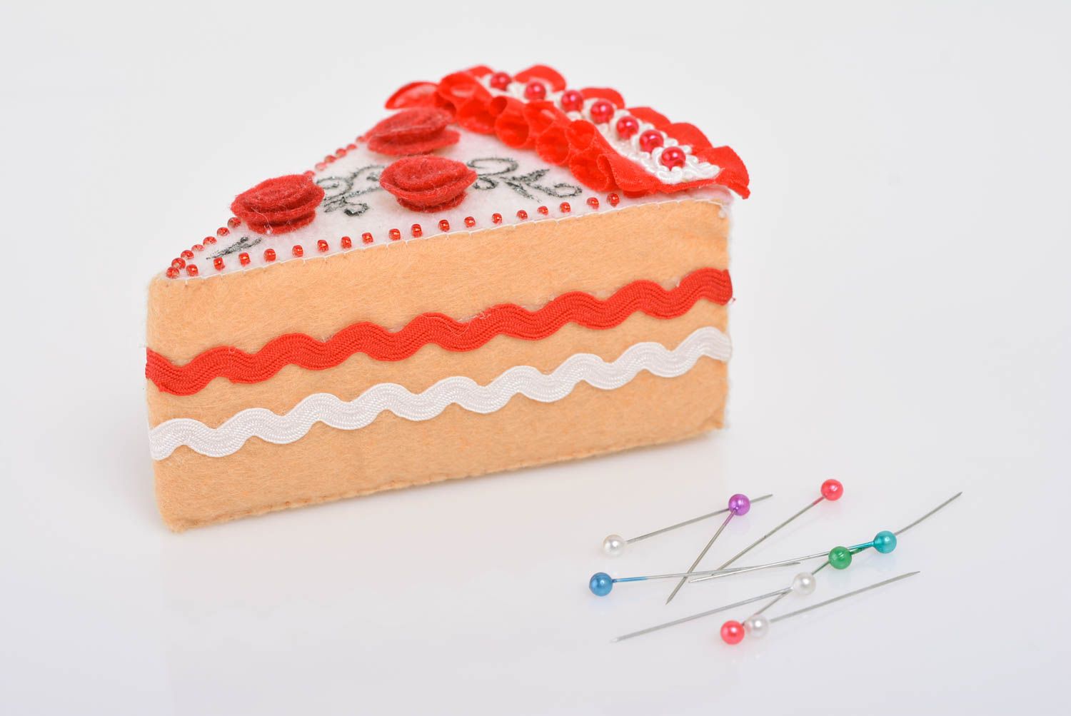 Handmade designer soft pincushion sewn of felt in the shape of red sweet cake photo 1