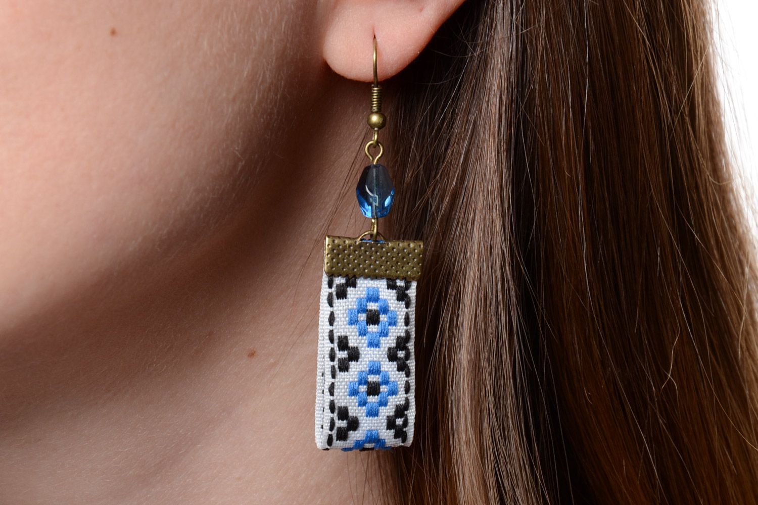 Handmade earrings made of lace with ethnic motifs white with blue for women photo 5