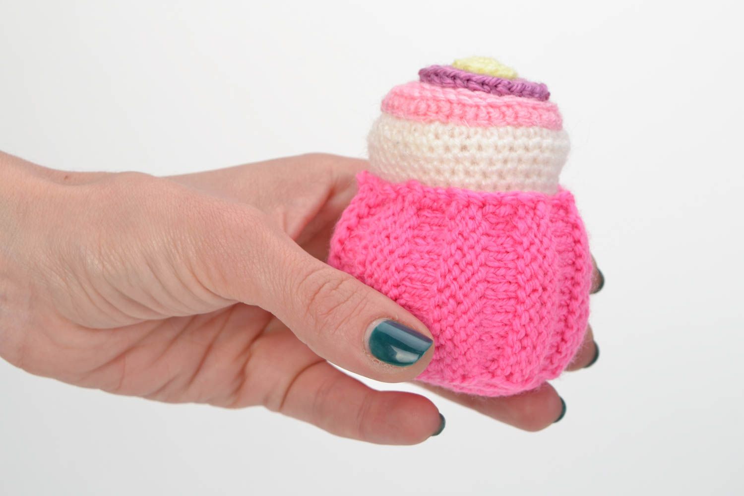 Miniature handmade pink crochet soft cake for home decor photo 2