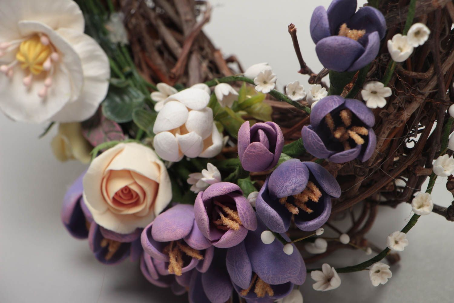Künstlerischer Interieur Tür Kranz mit Blumen aus Polymer Ton schön bunt foto 3
