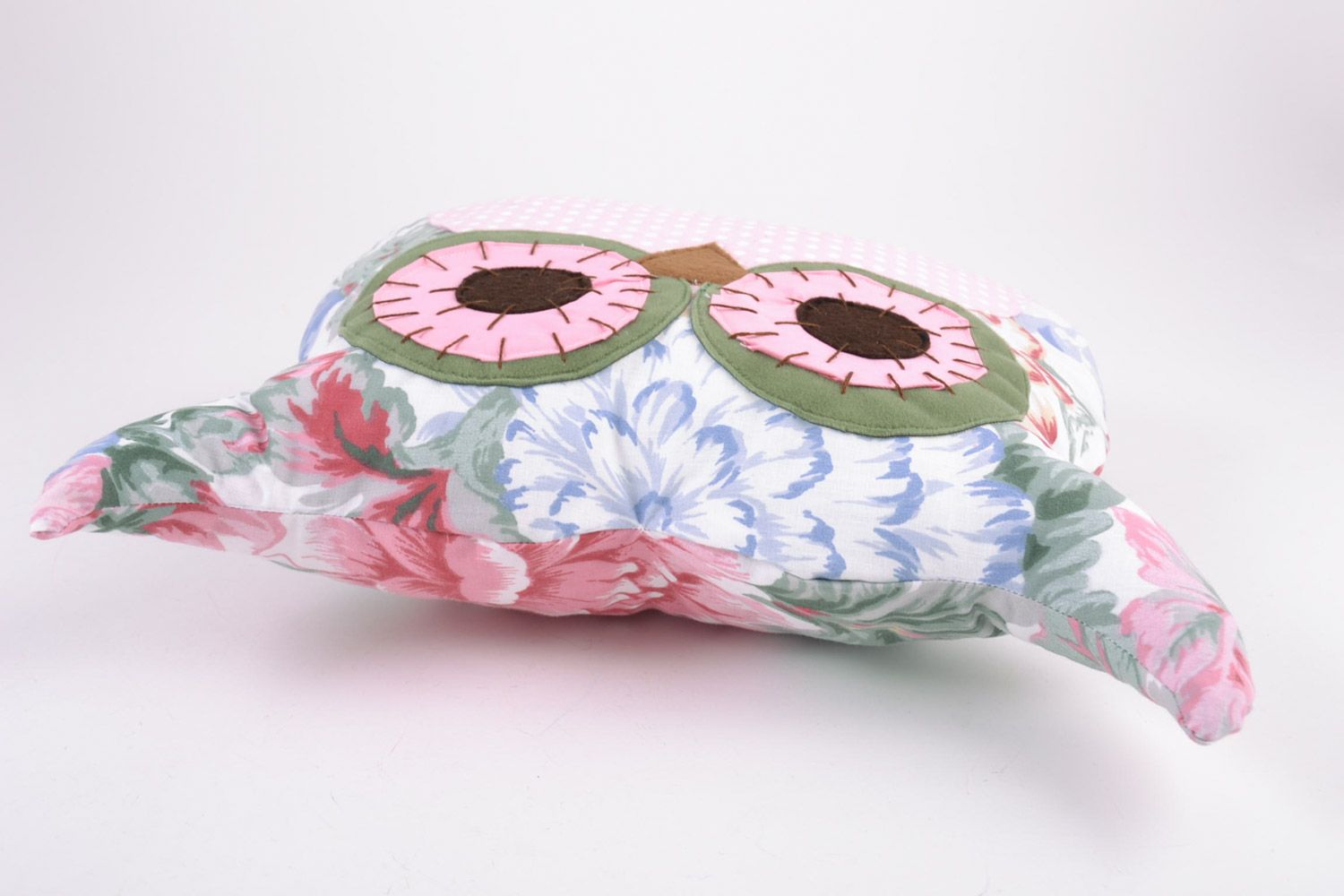 Handmade decorative soft pillow pet sewn of fabric in pink color palette Owl photo 4