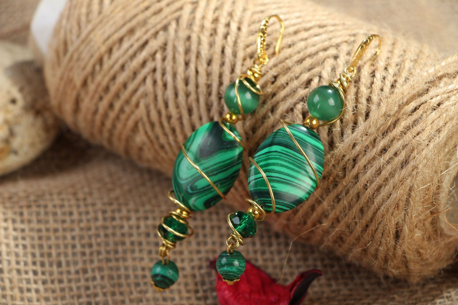 Long natural stone earrings of green color photo 3