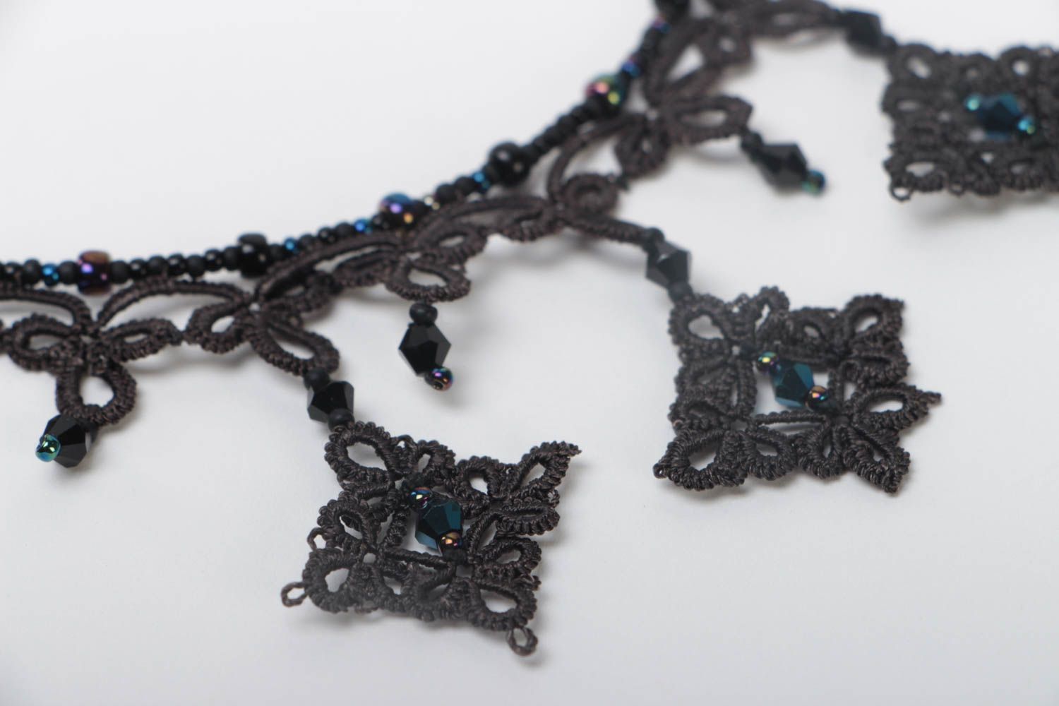 Handmade cotton necklace black festive accessory openwork textile jewelry photo 4
