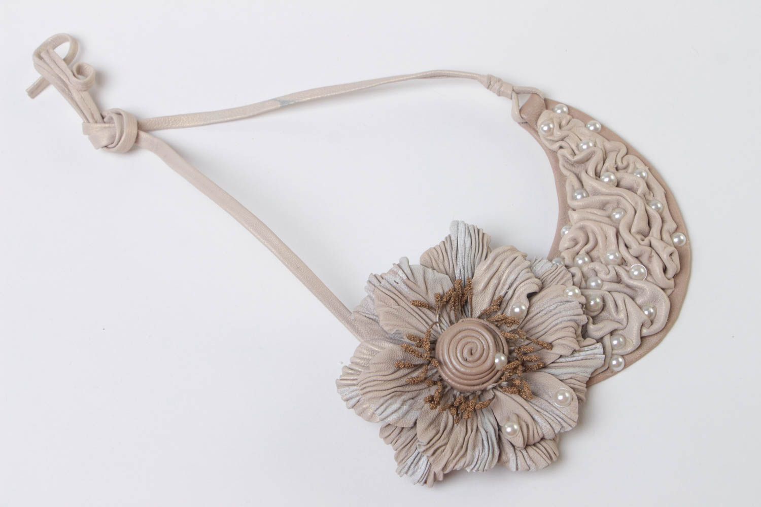 Beautiful handmade gray genuine leather flower necklace designer photo 2