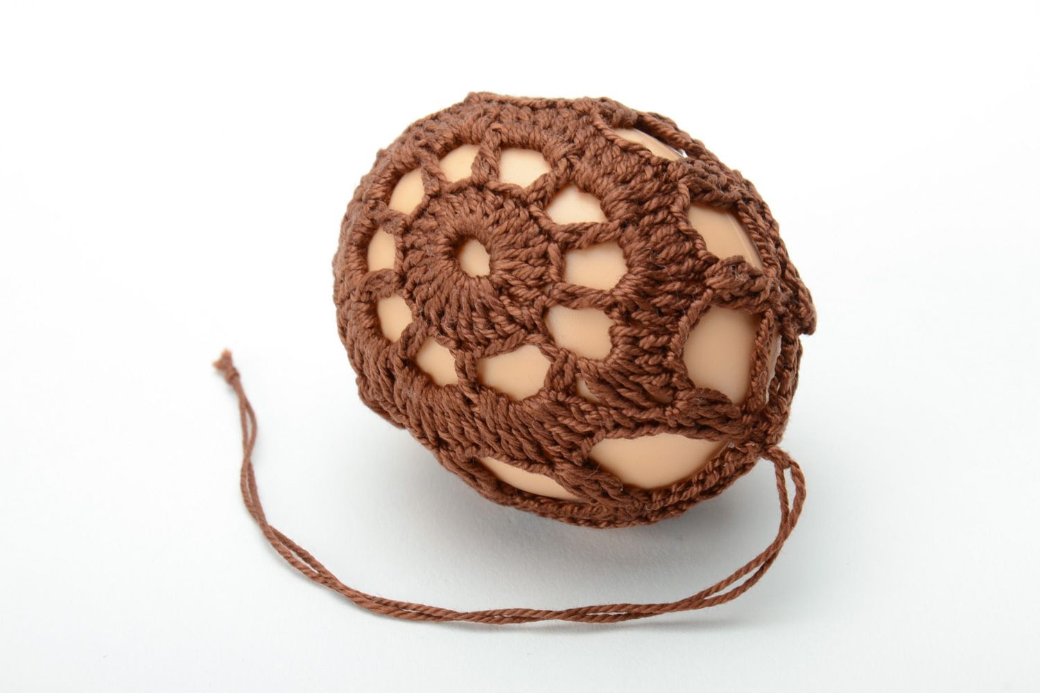 Handmade brown Easter egg woven over with cotton threads photo 3