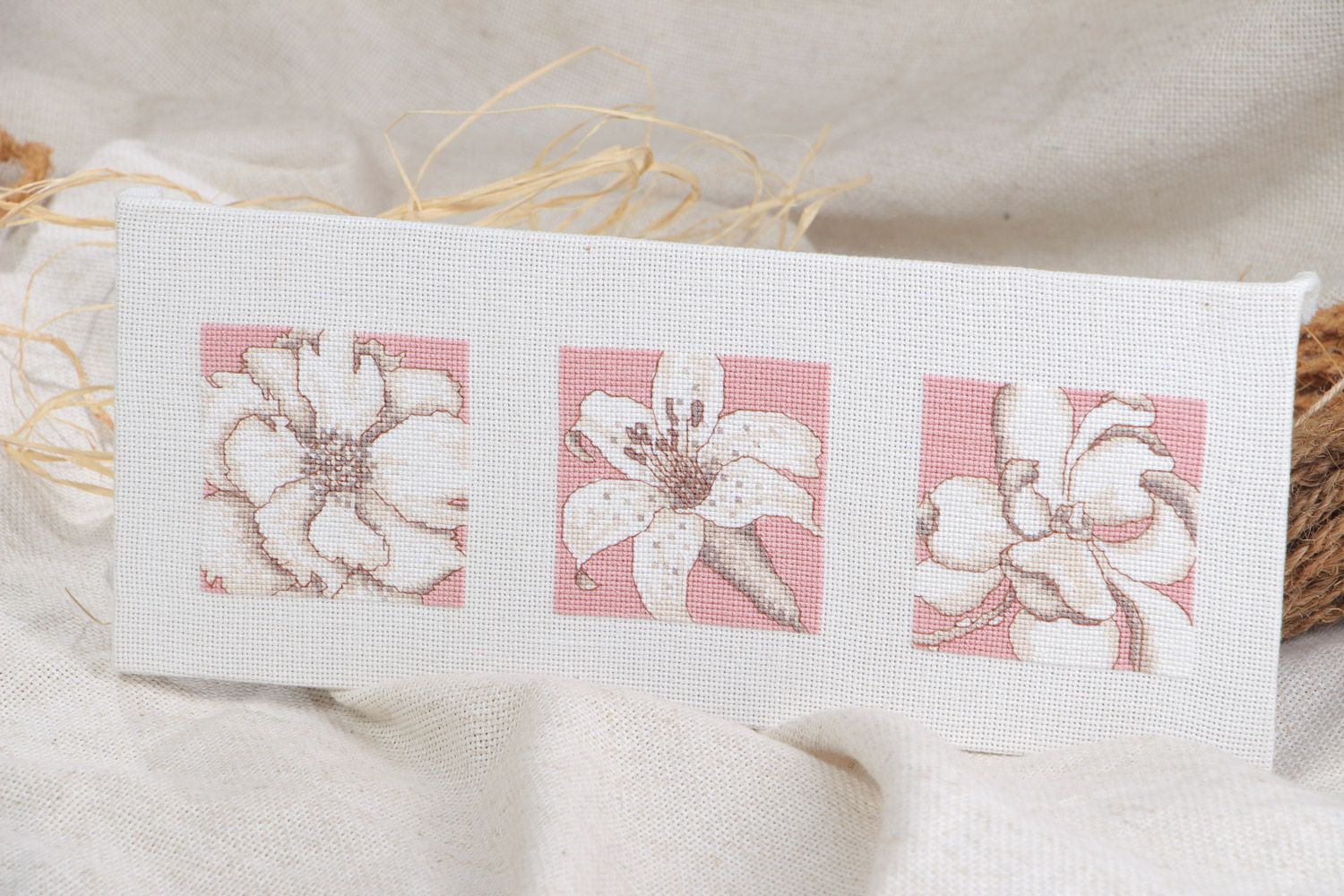 Handmade cross stitch embroidered wall panel with white flowers on pink background for gift photo 1
