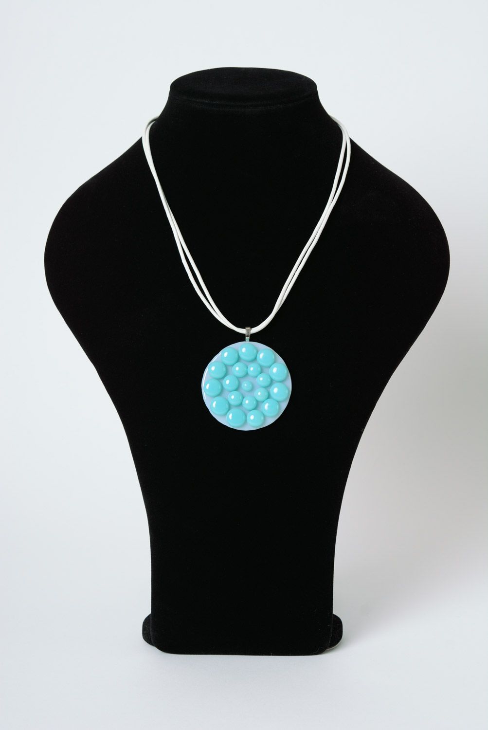 Handmade round fusing glass pendant in white and blue colors on cord for women photo 2