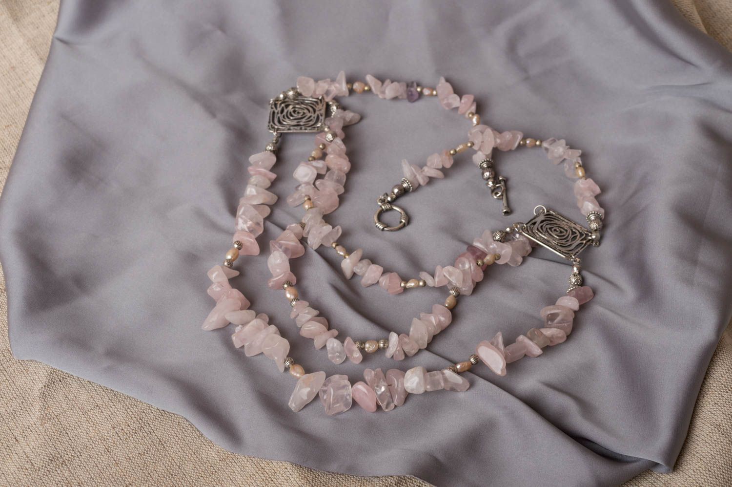 Handmade designer multi row necklace with pink quartz and metal elements photo 1