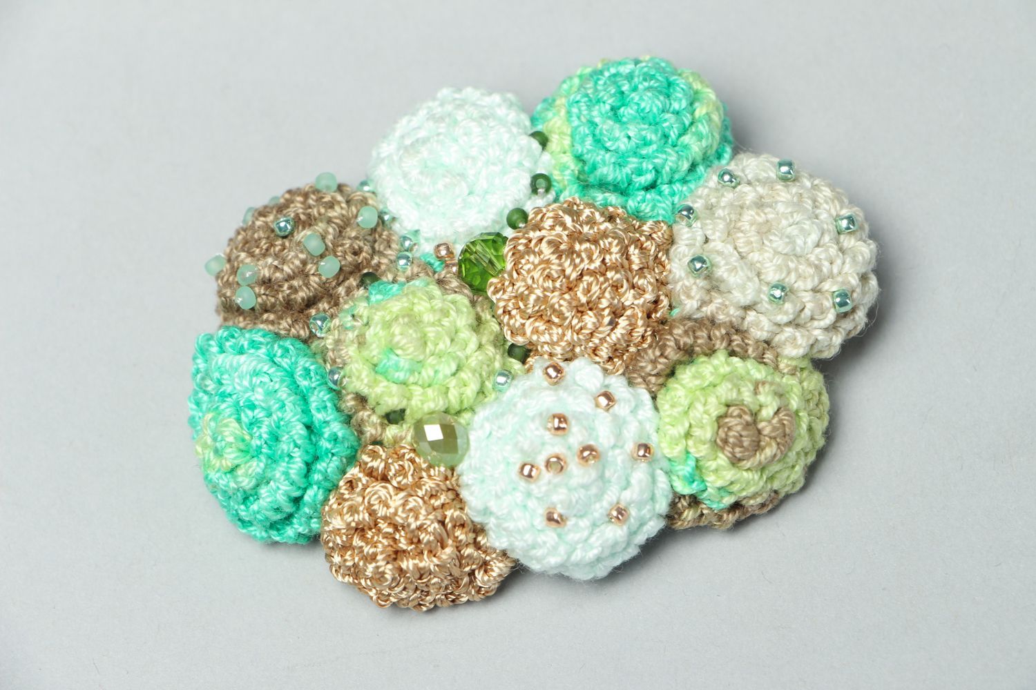 Hand crocheted brooch Green Flowers photo 1