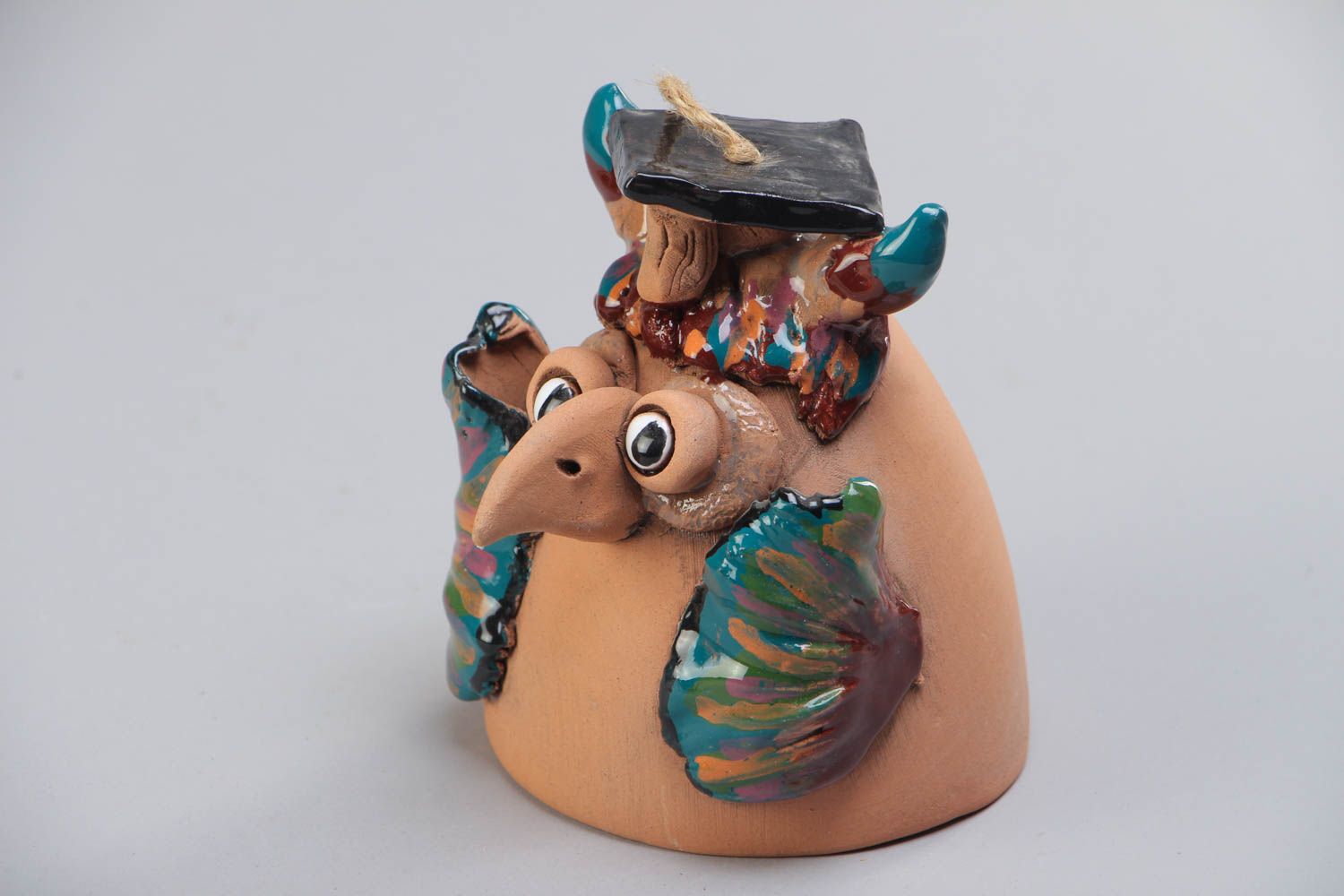 Campanilla cerámica hecha a mano con forma de figurilla de lechuza multicolor foto 2