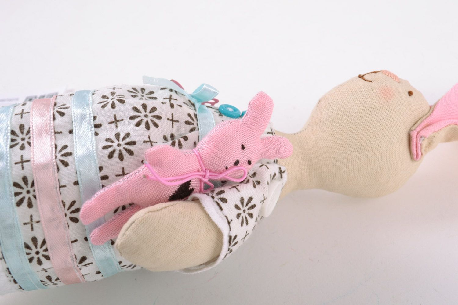 Cute handmade soft toy sewn of cotton fabric tender pink rabbit for little girl photo 3