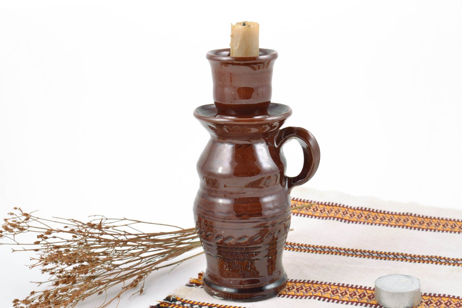 Beautiful handmade designer glazed ceramic candlestick with handle photo 1