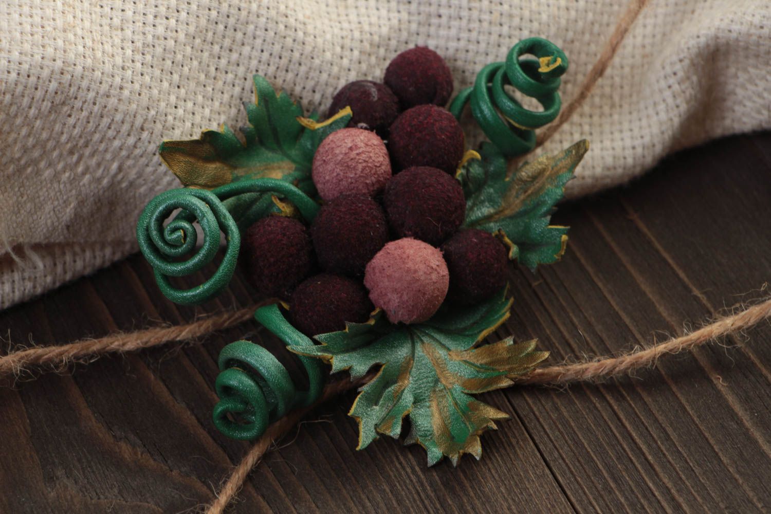 Unusual volume handmade leather brooch for women Bunch of Grapes photo 1
