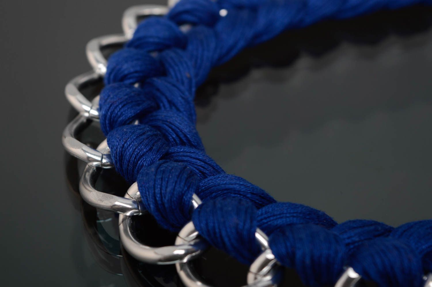 Blue necklace made of floss and chain photo 4