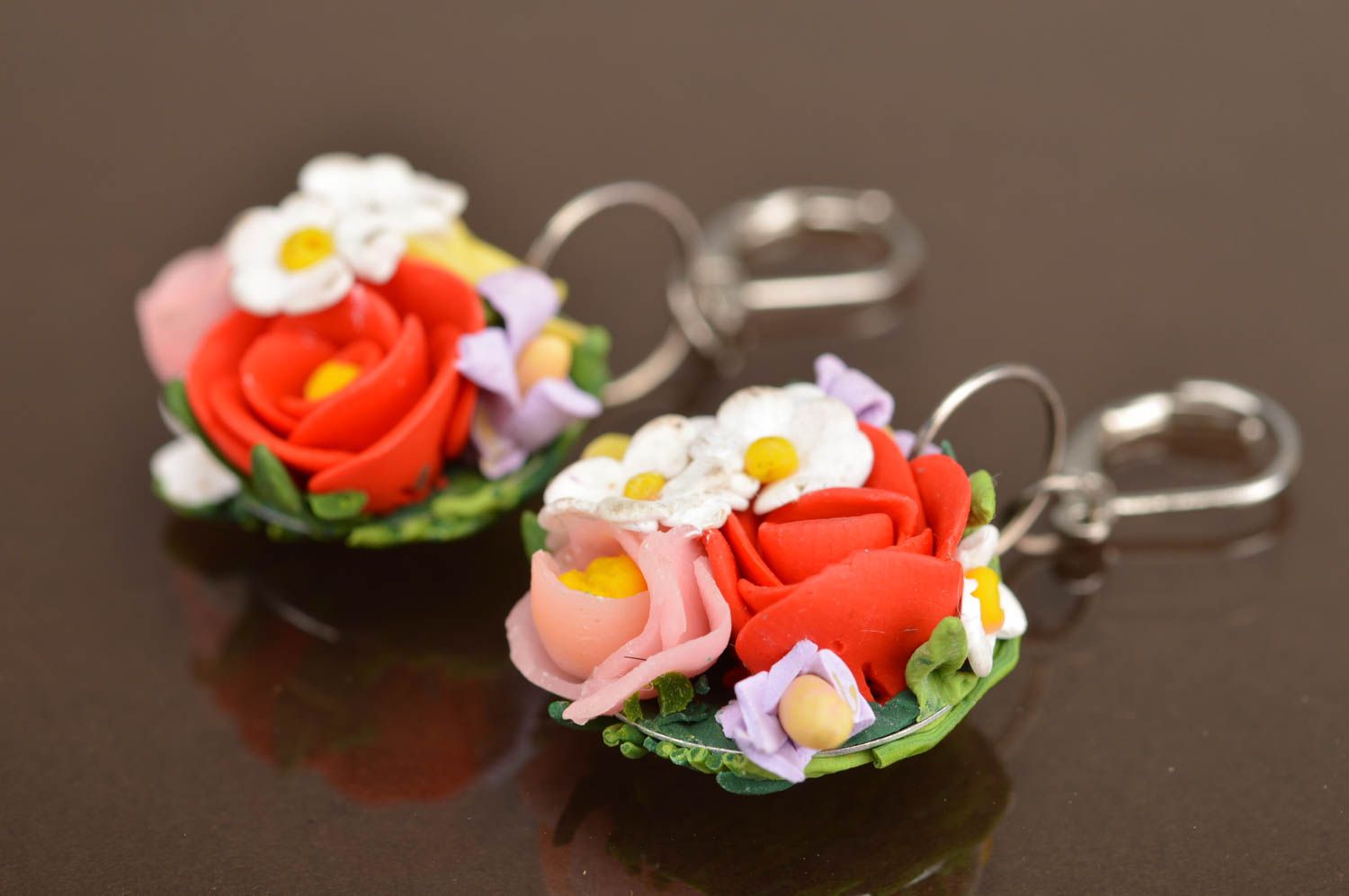 Earrings made of polymer clay with flower charms bright handmade accessory photo 5