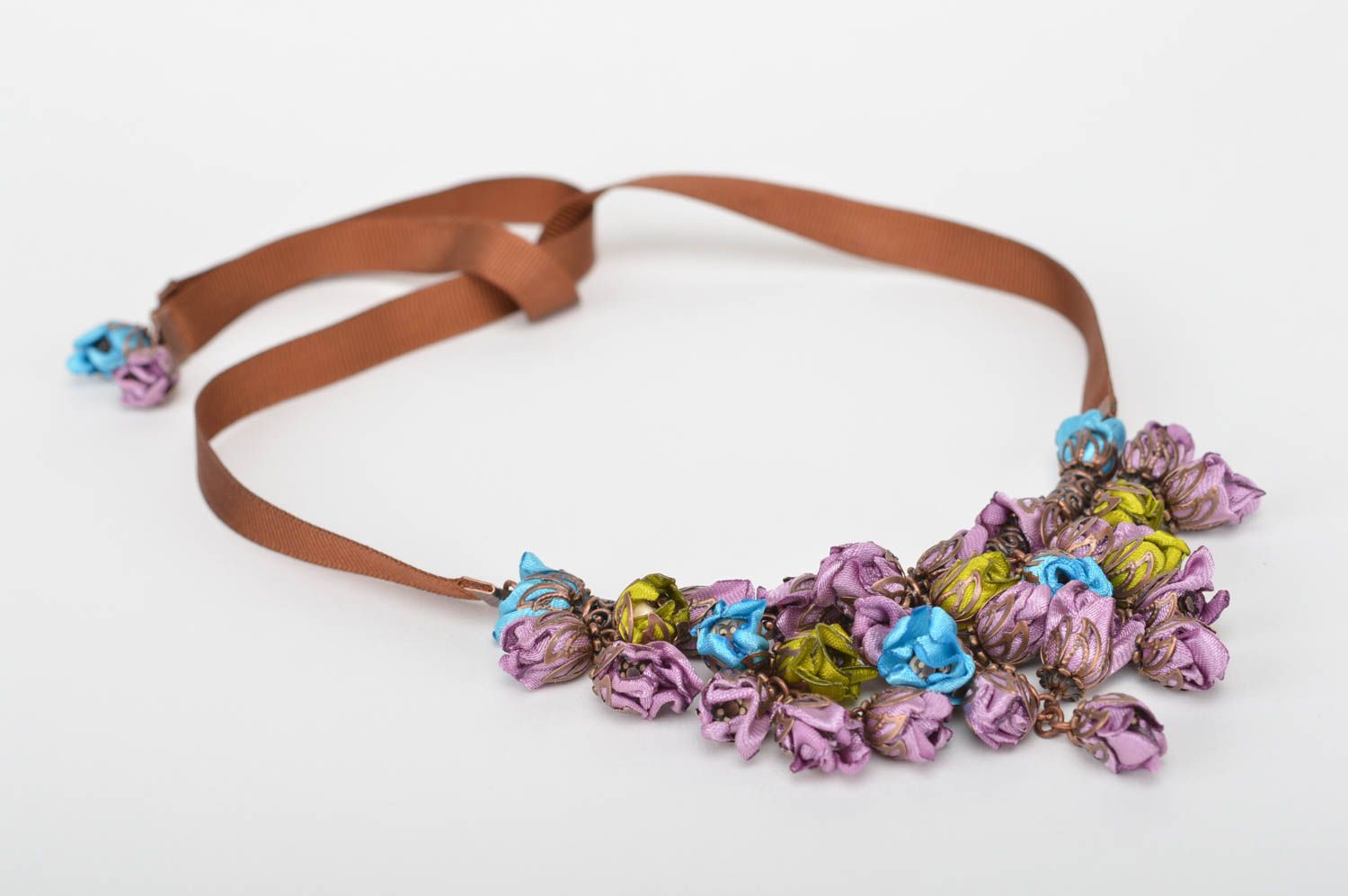 Textile necklace with flowers handmade satin necklace evening jewelry for women photo 5