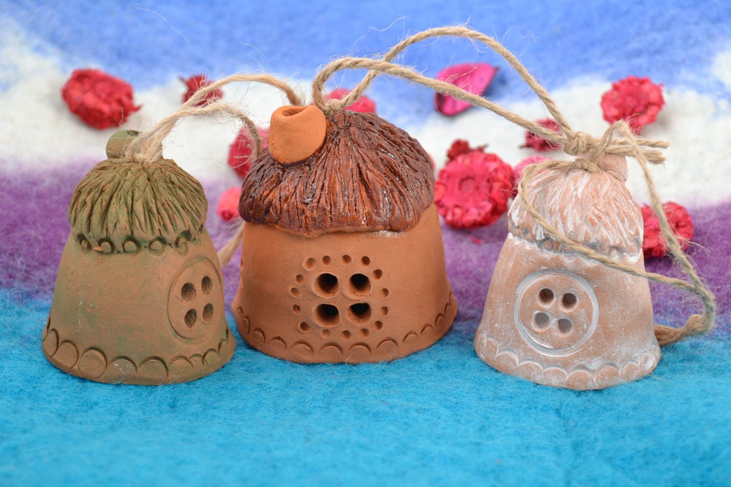 Set of 3 handmade decorative ceramic bells in the shape of small rural houses  photo 1