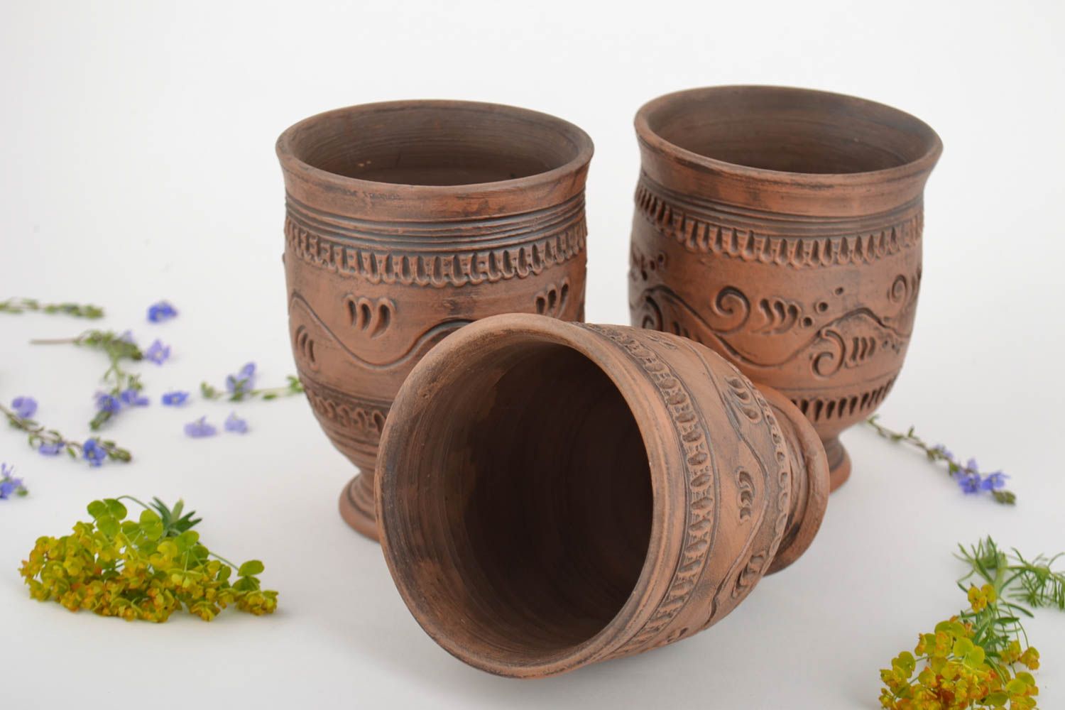 Beautiful handmade designer ceramic goblets set 3 pieces 250 ml each photo 1