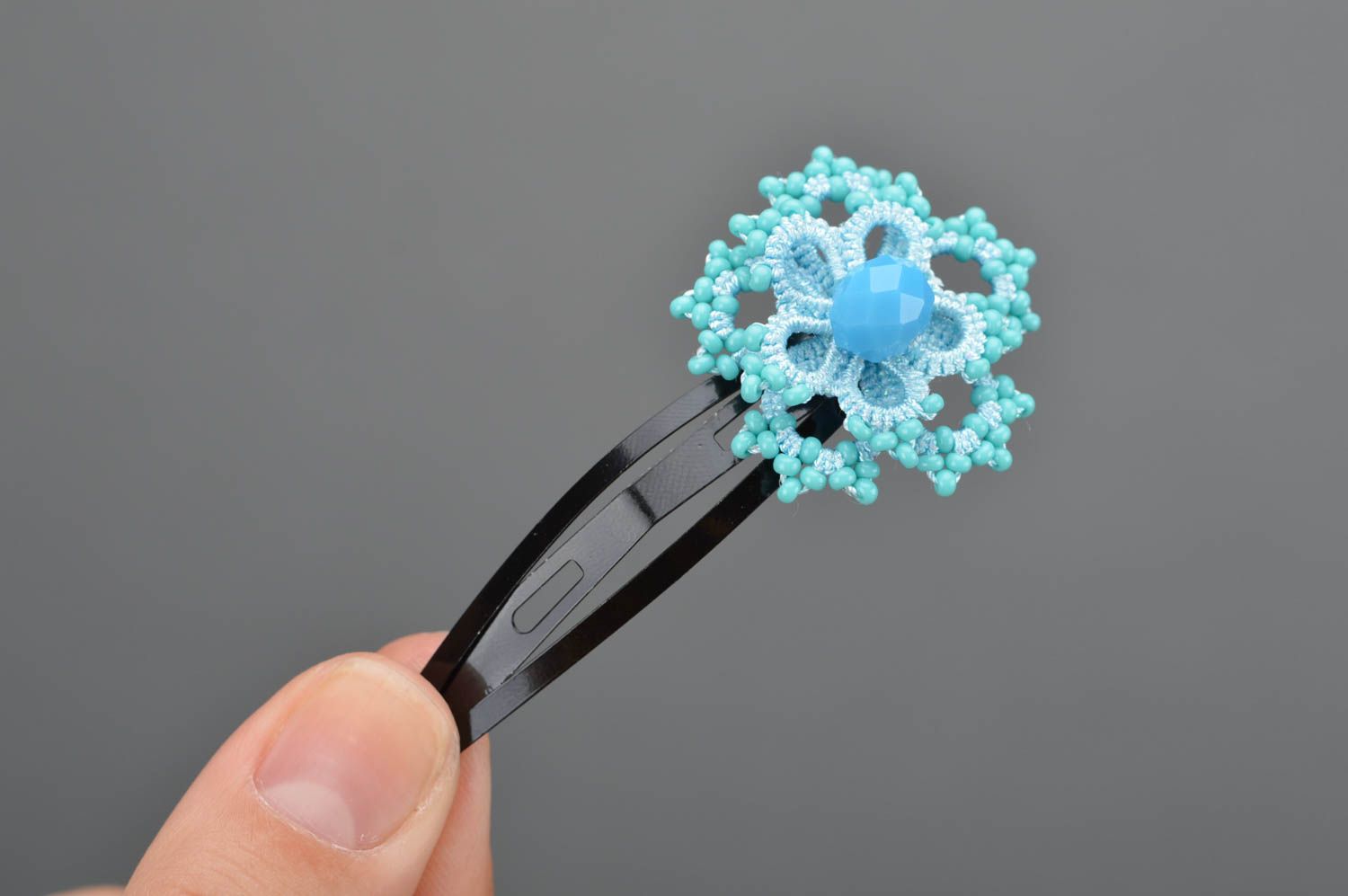 Handmade decorative hair clip with blue flower tatted of threads with seed beads photo 3