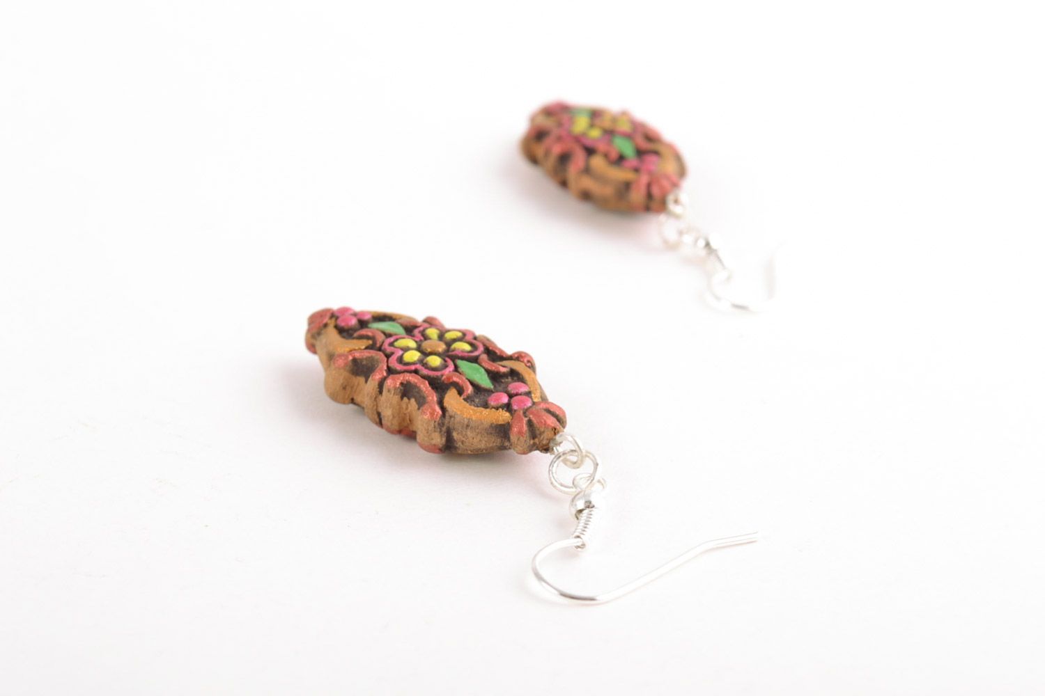 Elegant small ceramic earrings painted with colorful acrylics handmade photo 4