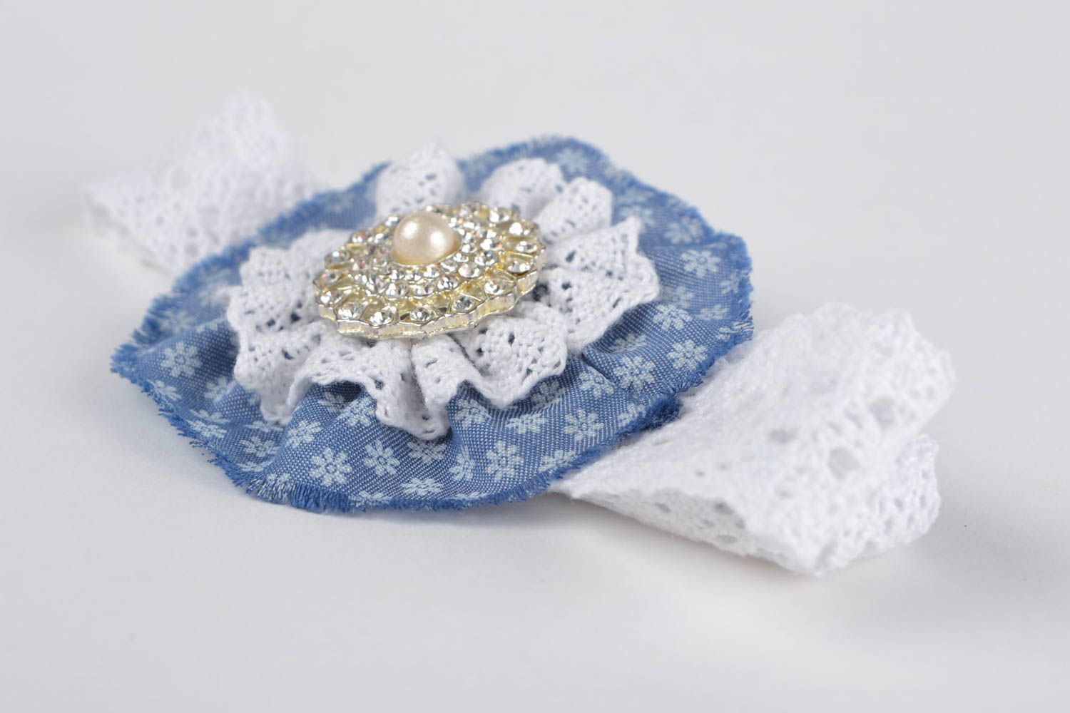 Handmade openwork headband fabric headband with flower lace headband  photo 4