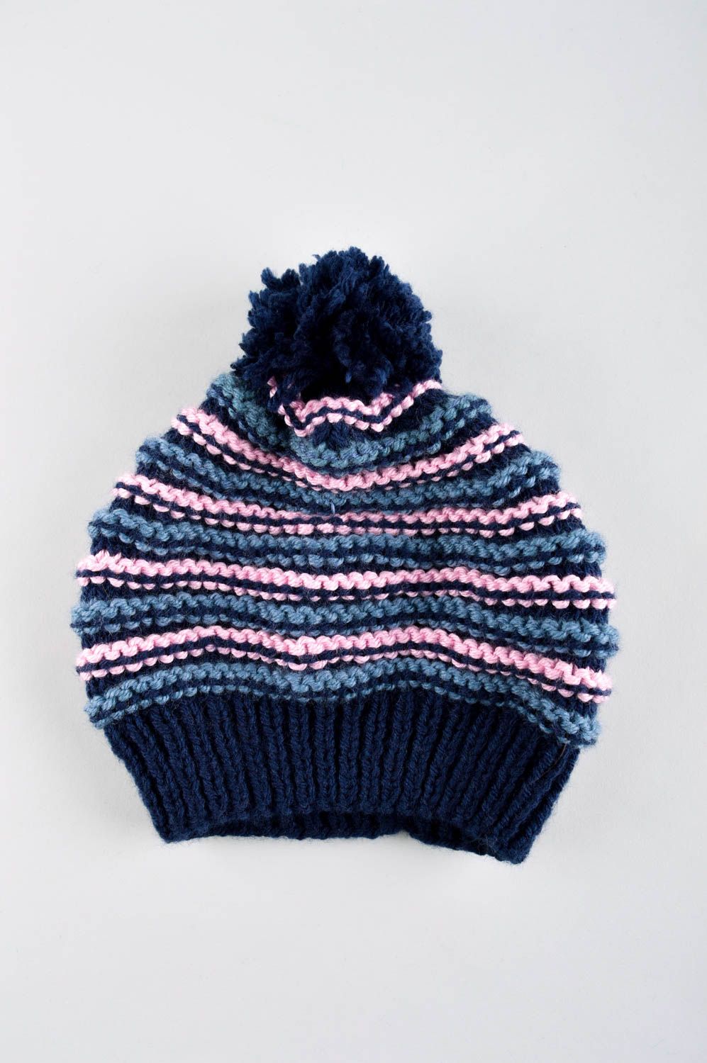 Вязаная шапка ручной работы зимняя шапка с помпоном вязаная шапочка синяя фото 5