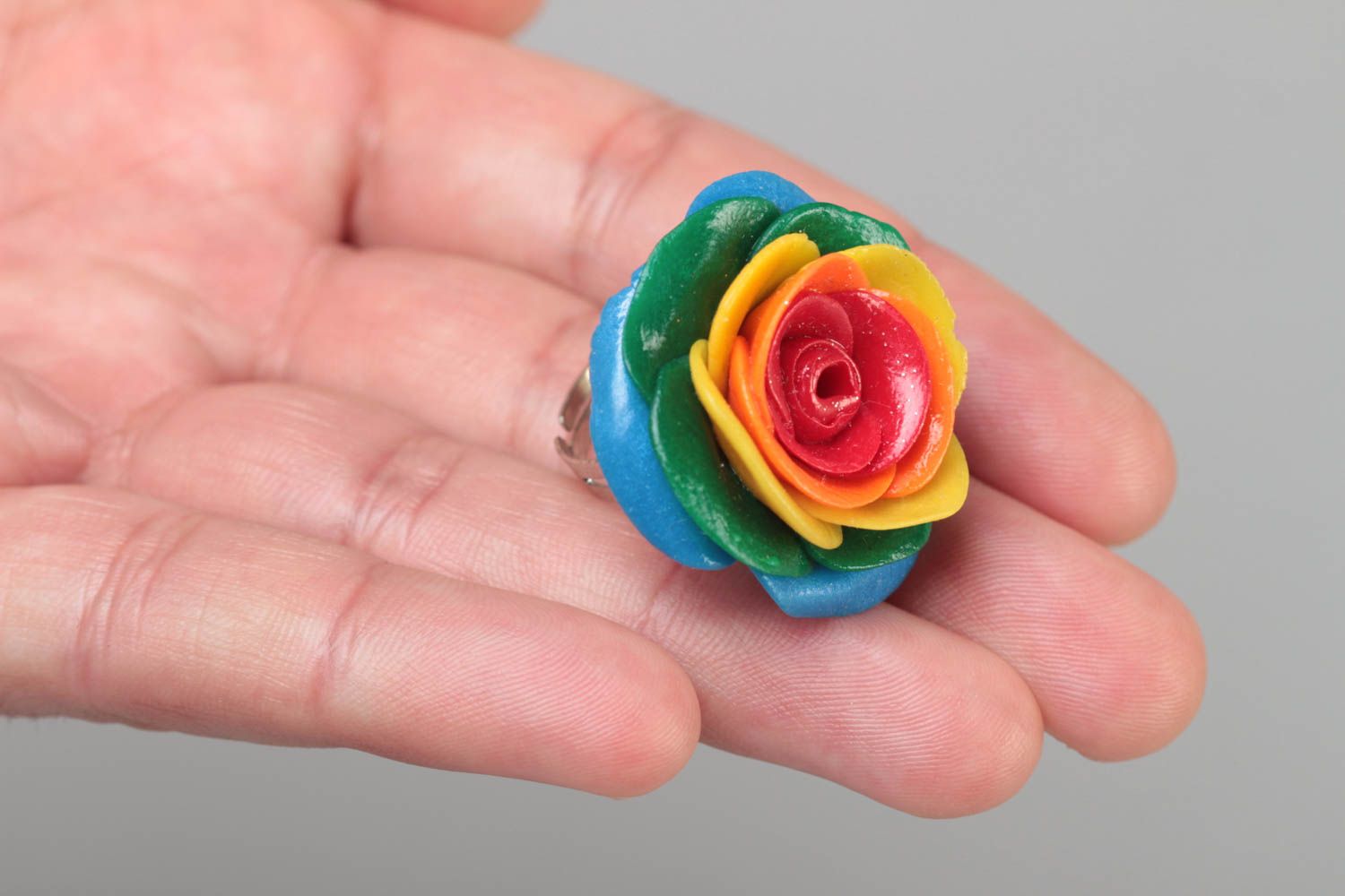 Handmade seal ring on metal basis with polymer clay flower of rainbow coloring photo 5