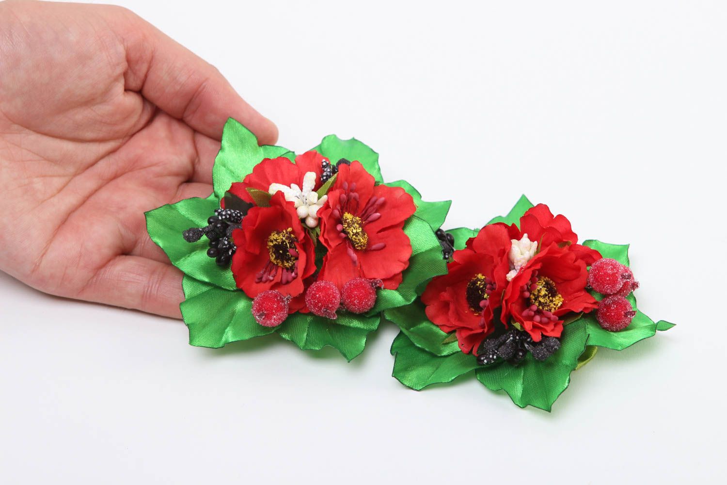 Аксессуары для волос украшение ручной работы заколка с цветками красными 2 шт фото 5