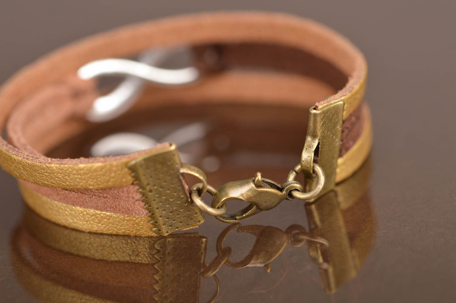 Handmade designer genuine leather and suede cords wrist bracelet brown and gold photo 4