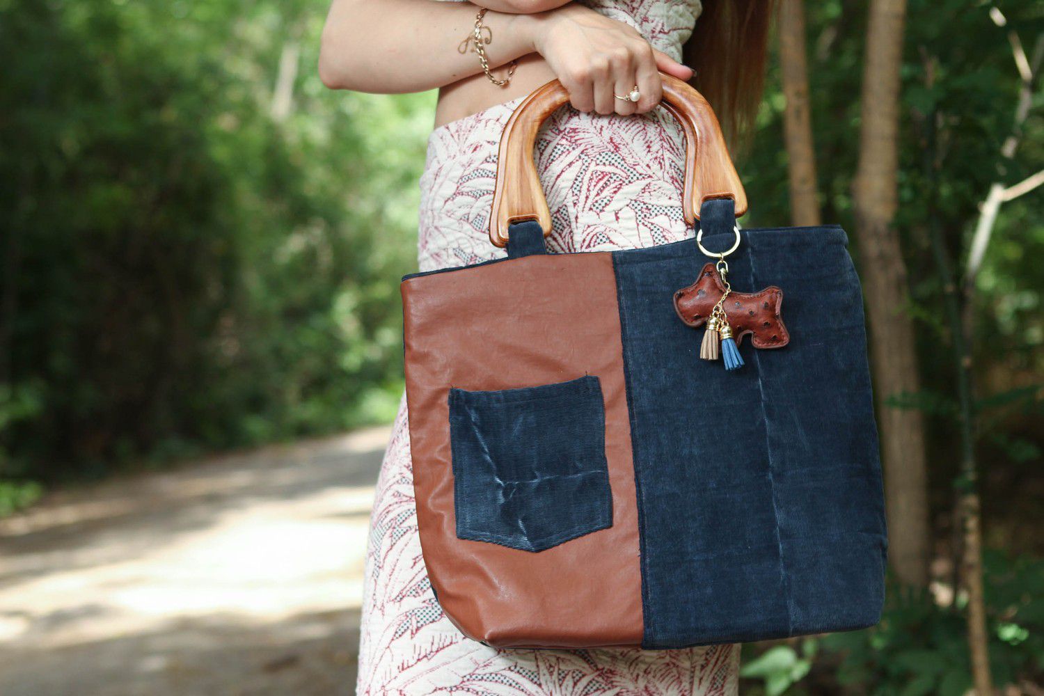 Handmade bag made of artificial leather and velvet fabric photo 6