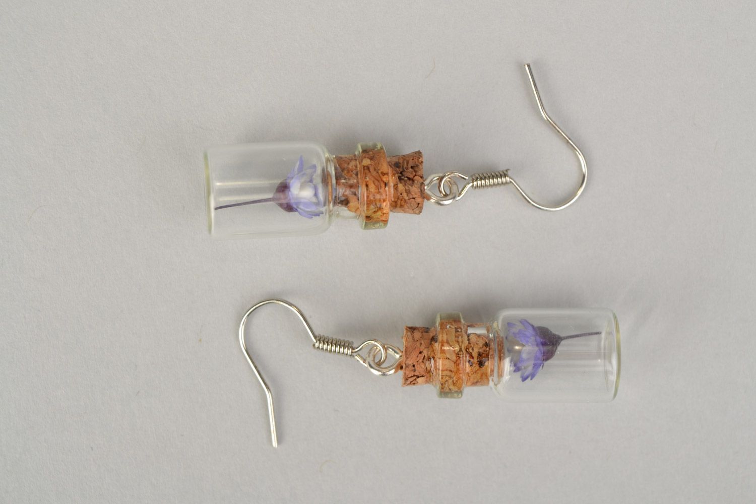 Cute handmade small glass bottle dangle earrings with dried flowers for women photo 3