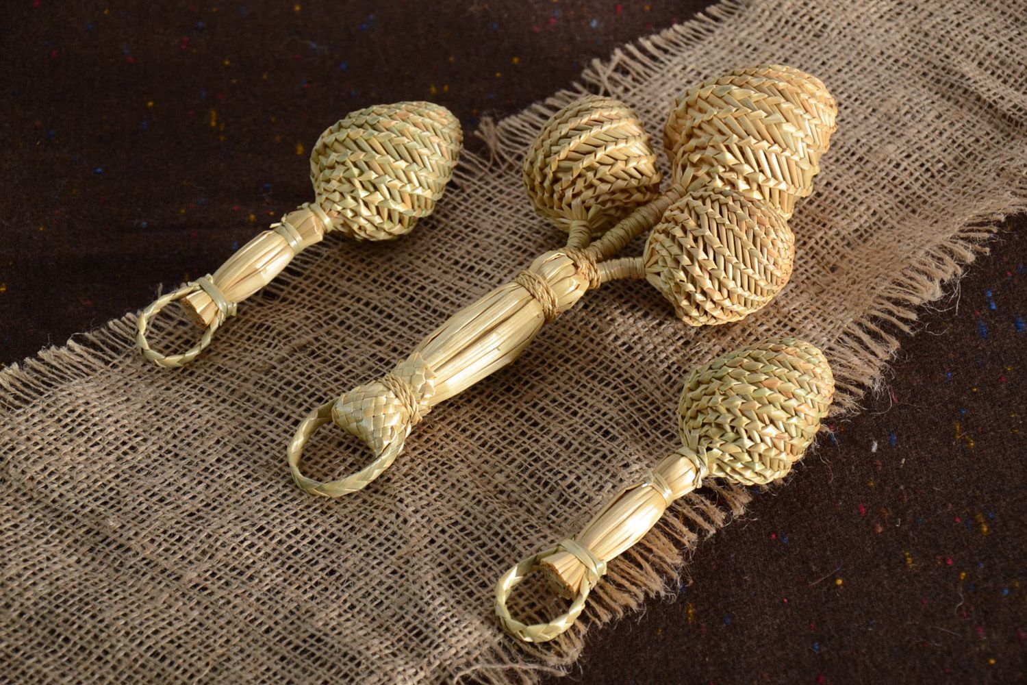 Set of 3 handmade eco friendly rattle toys woven of natural straw for babies photo 1