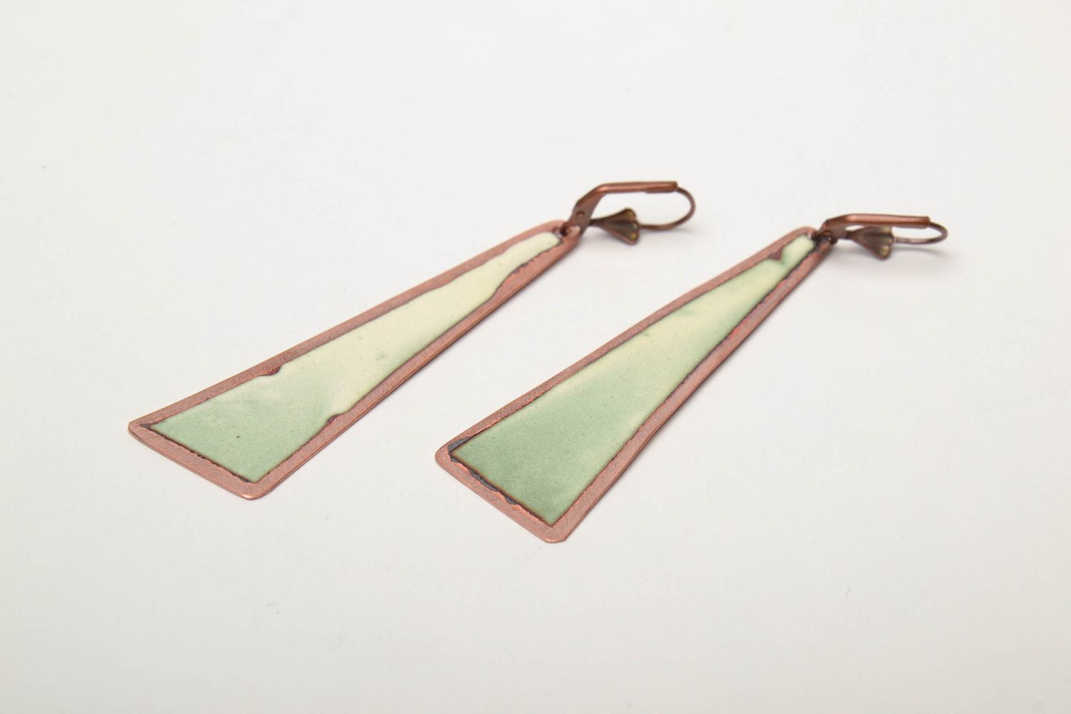 Long triangle copper earrings with enamels photo 5