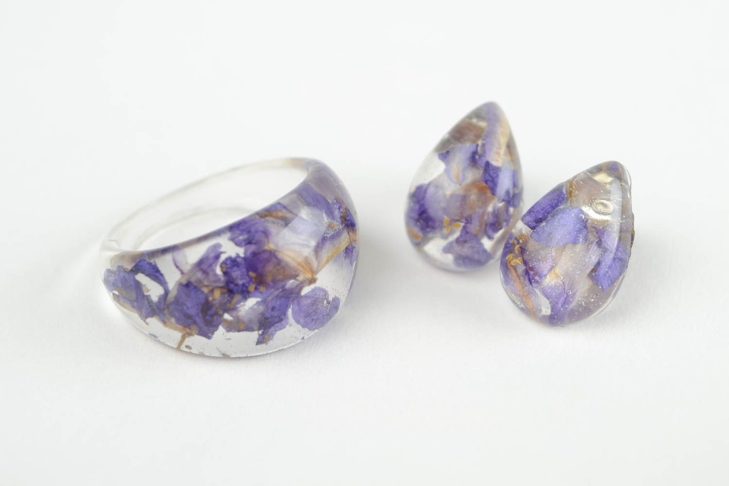 Кольцо ручной работы модные серьги бижутерия из эпоксидной смолы фиолетовые фото 3