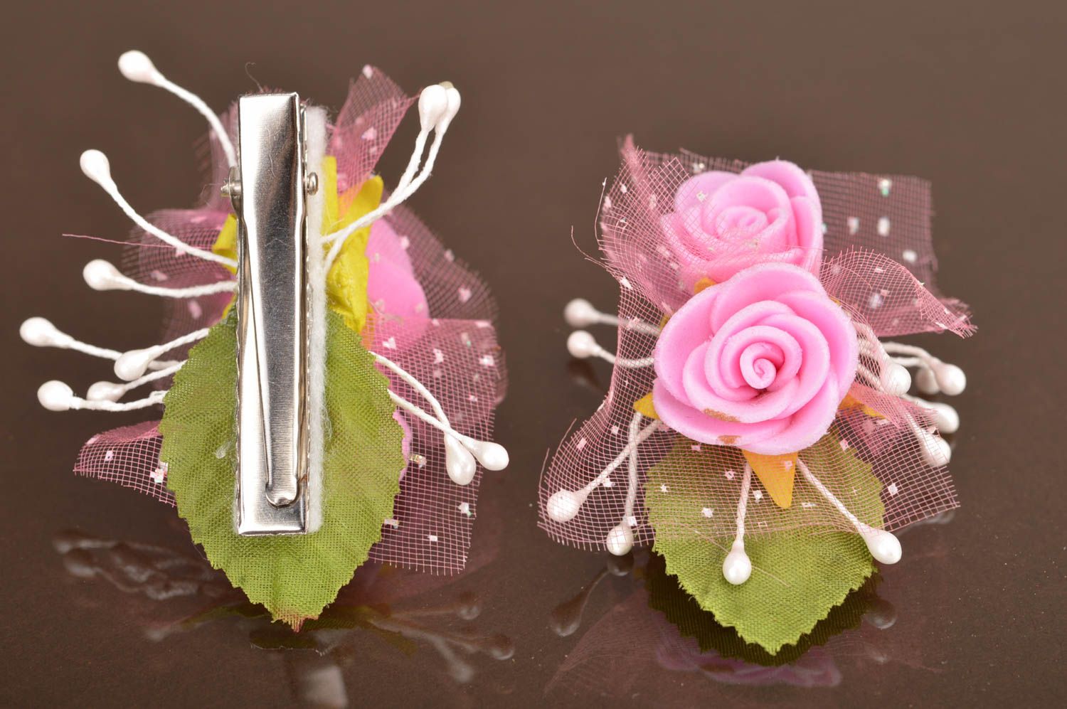 Pink handmade hair clips for kids made of artificial flowers set of 2 pieces photo 5