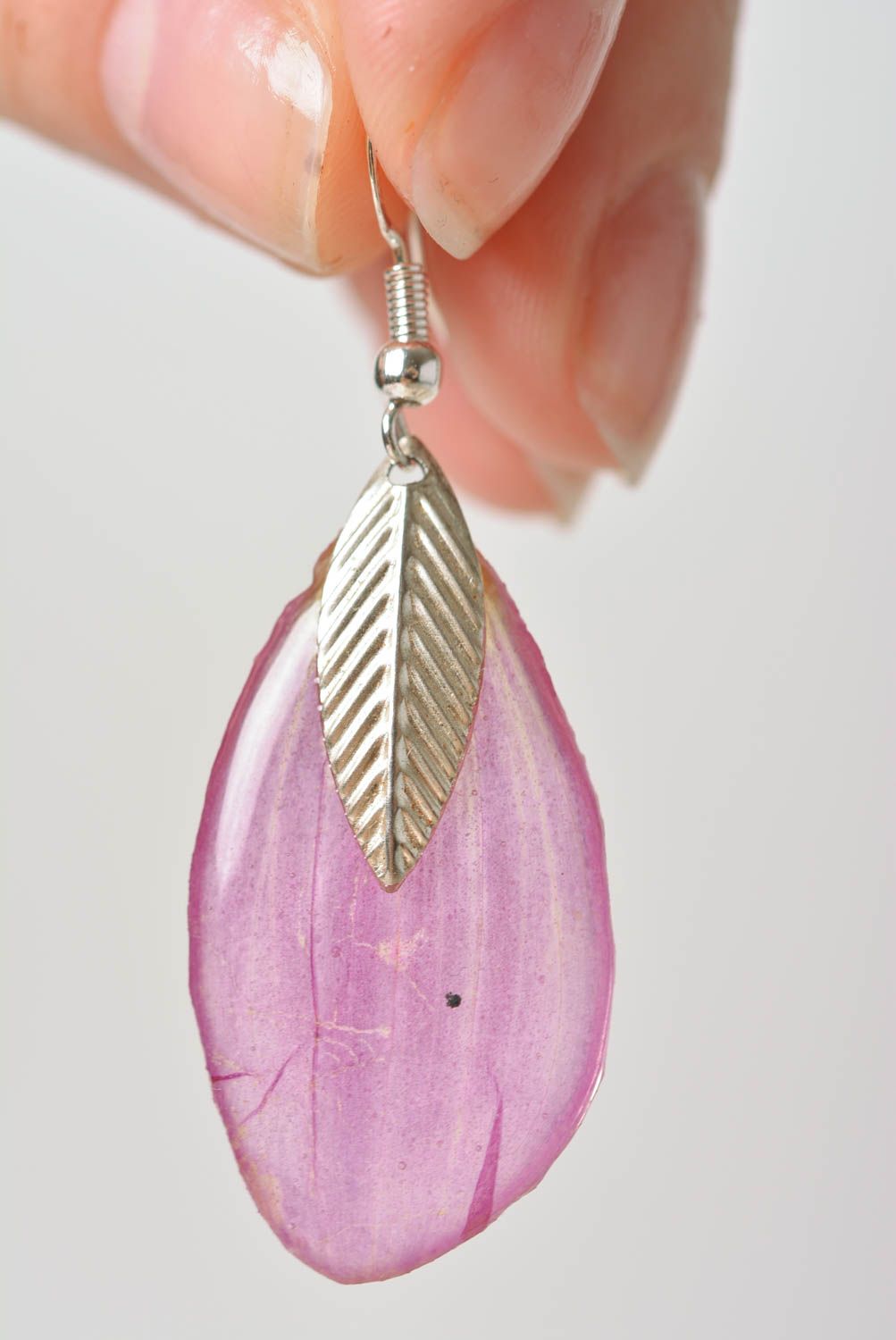 Beautiful handmade pink botanical earrings with epoxy coating silver photo 2