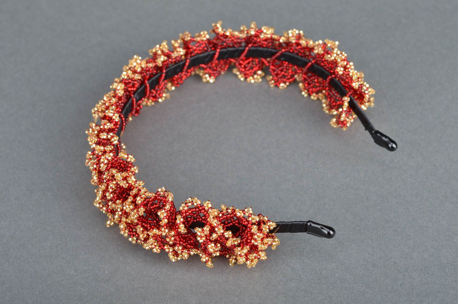 Unusual beautiful handmade designer beaded lace headband red and gold photo 2