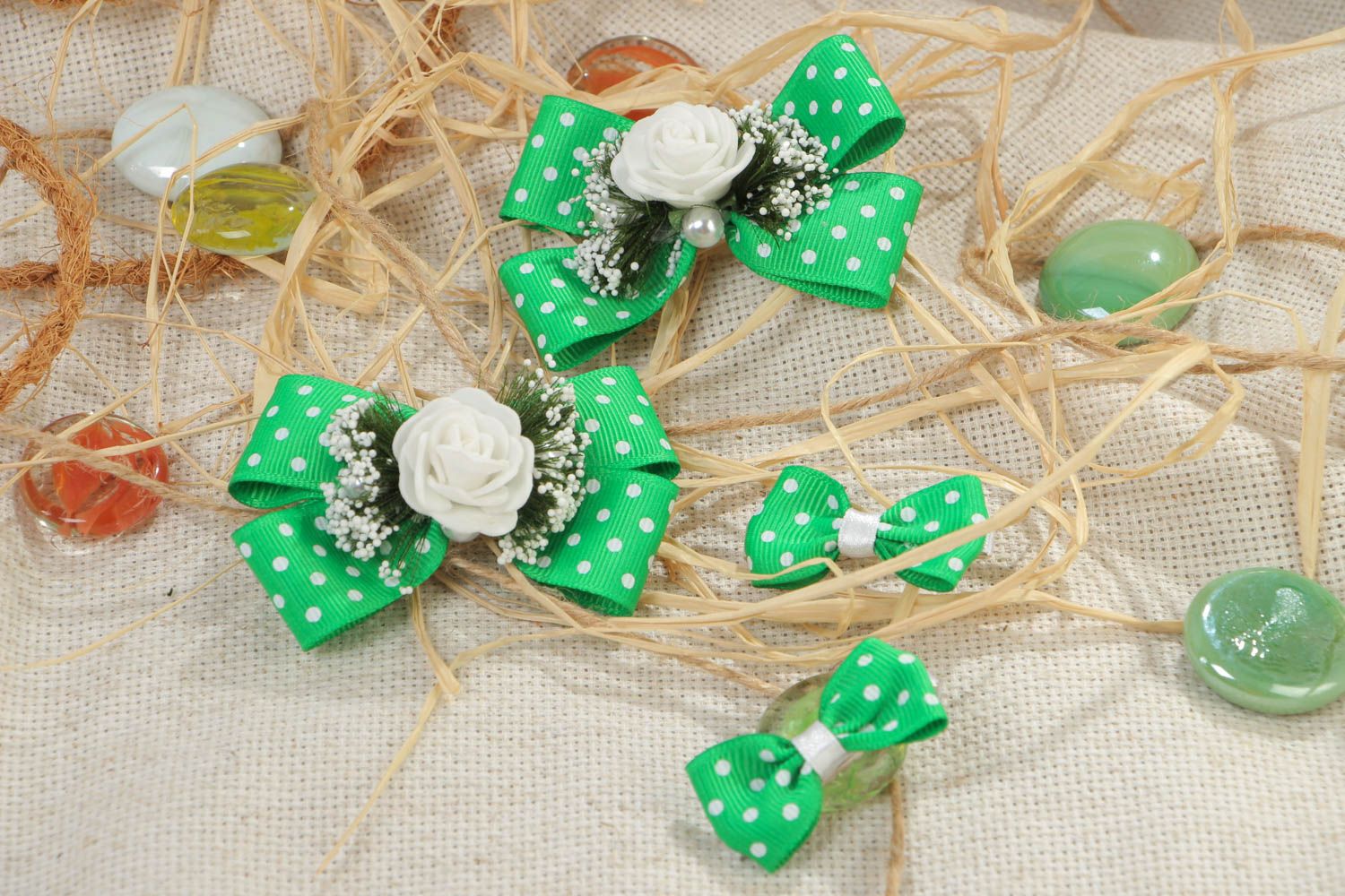 Handmade set of hairpins made of rep ribbons Bows 4 pieces stylish hair accessories photo 1