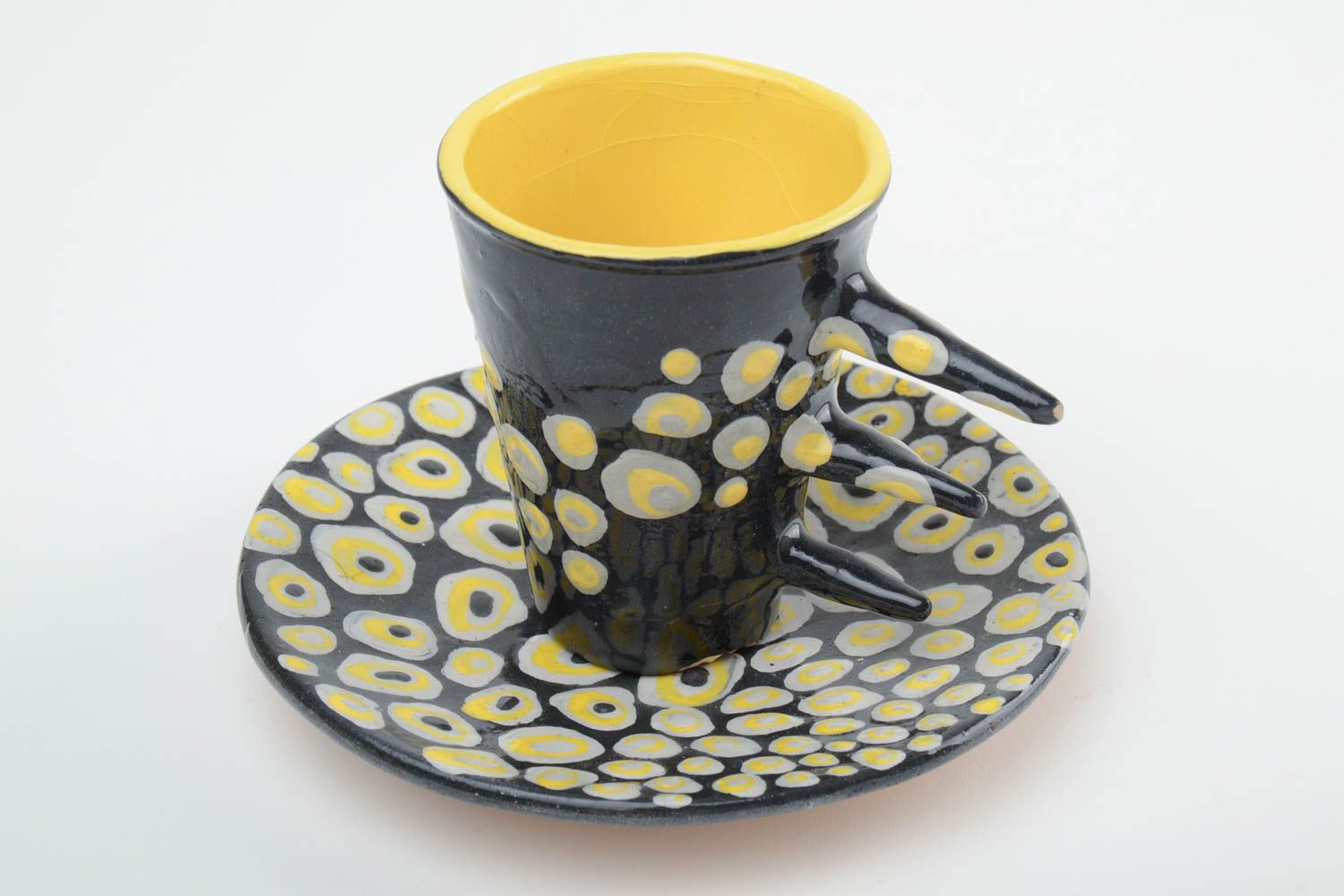 Schwarz weiße Teetasse mit Untertasse Geschirr aus Ton 300 ml Handarbeit foto 2