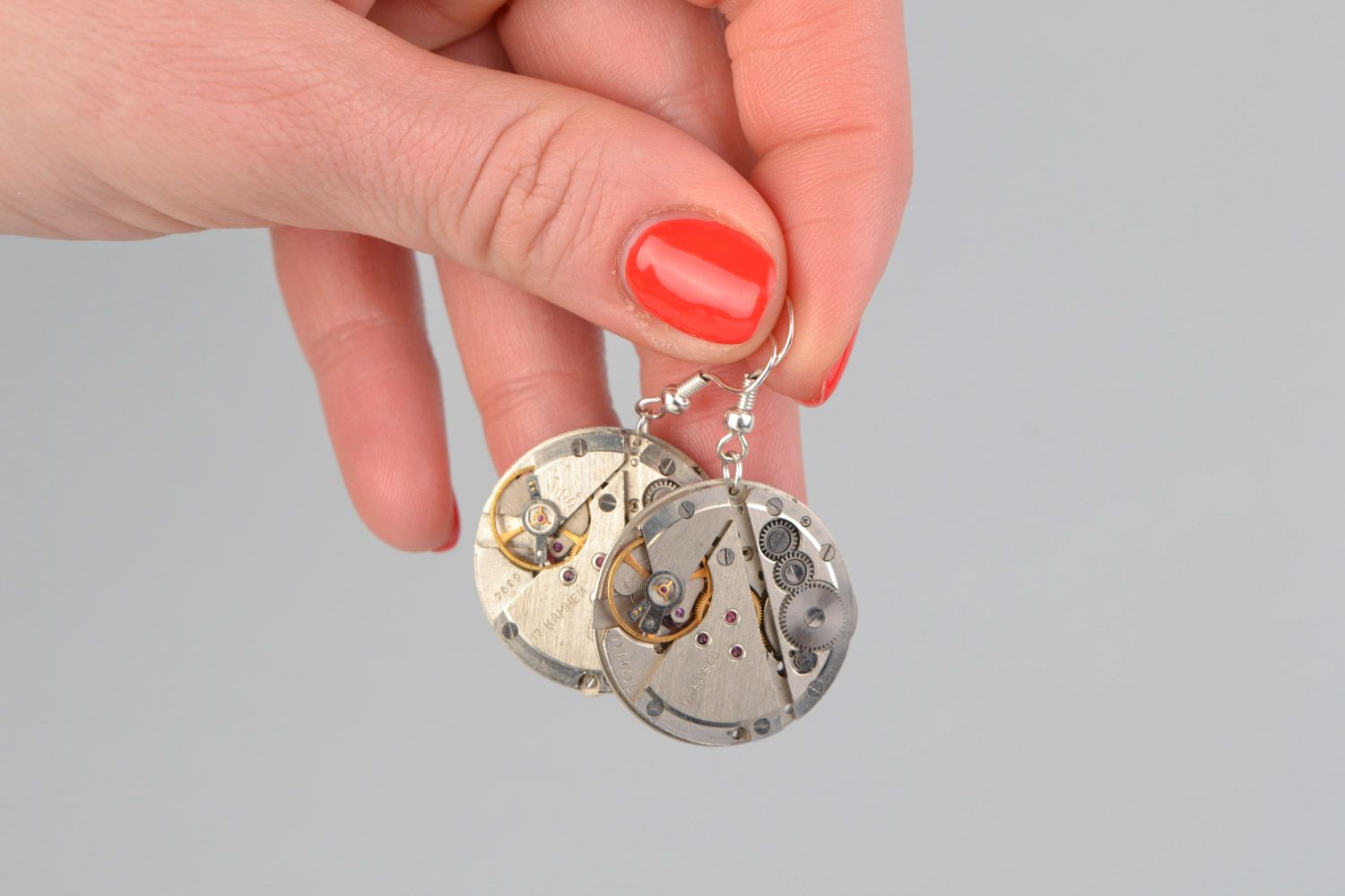 Handmade designer round metal earrings in steampunk style with clock mechanism  photo 2