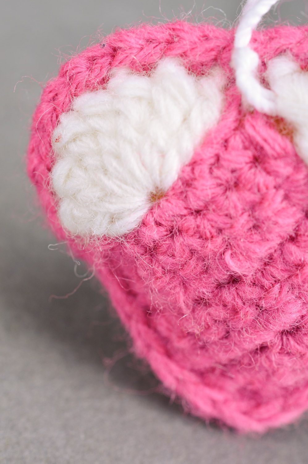 Handmade heart-shaped keychain crocheted of pink and white semi-woolen threads photo 4